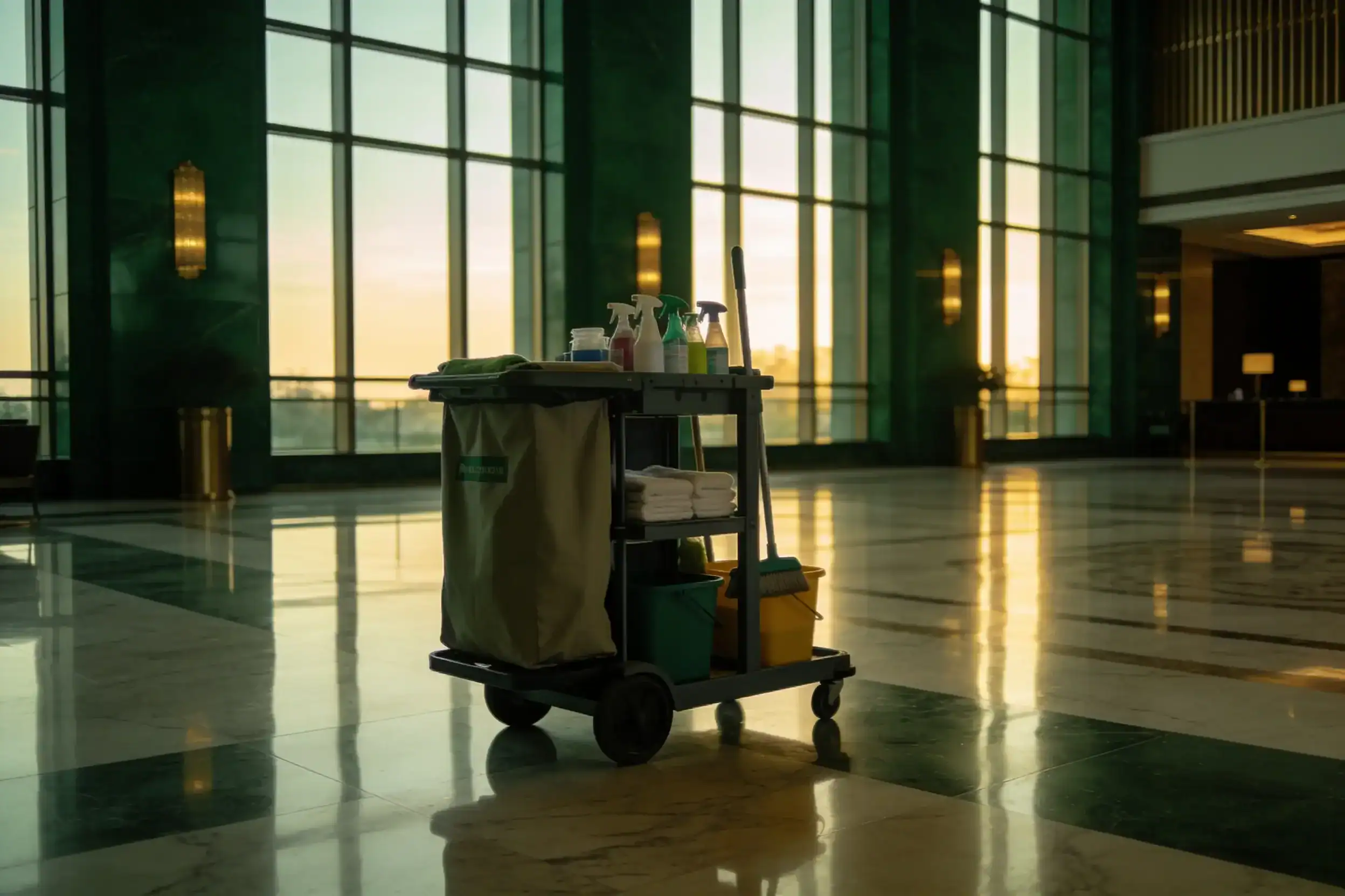 Professional cleaning cart staged in a lobby at dawn