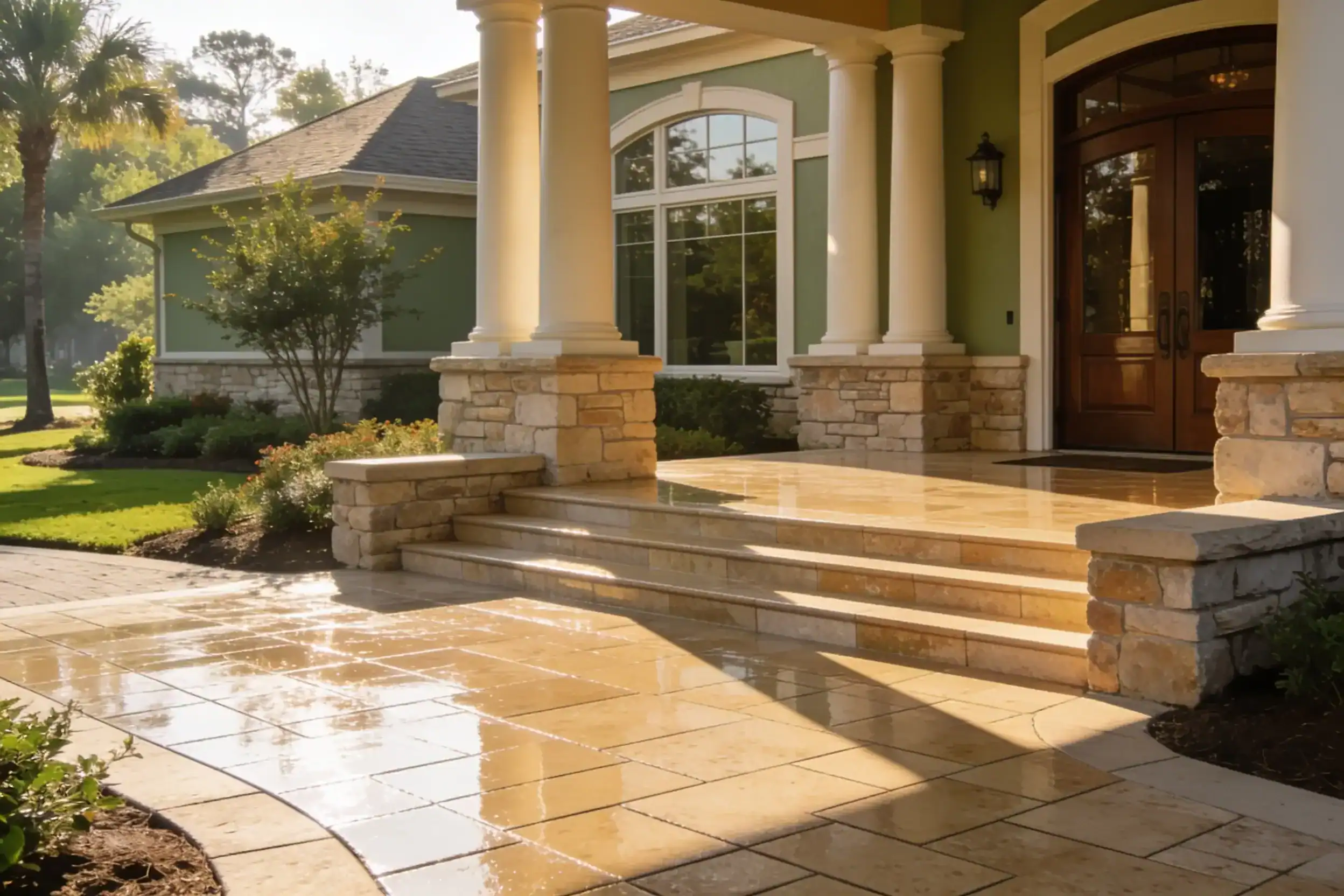 Freshly pressure-washed clubhouse entrance