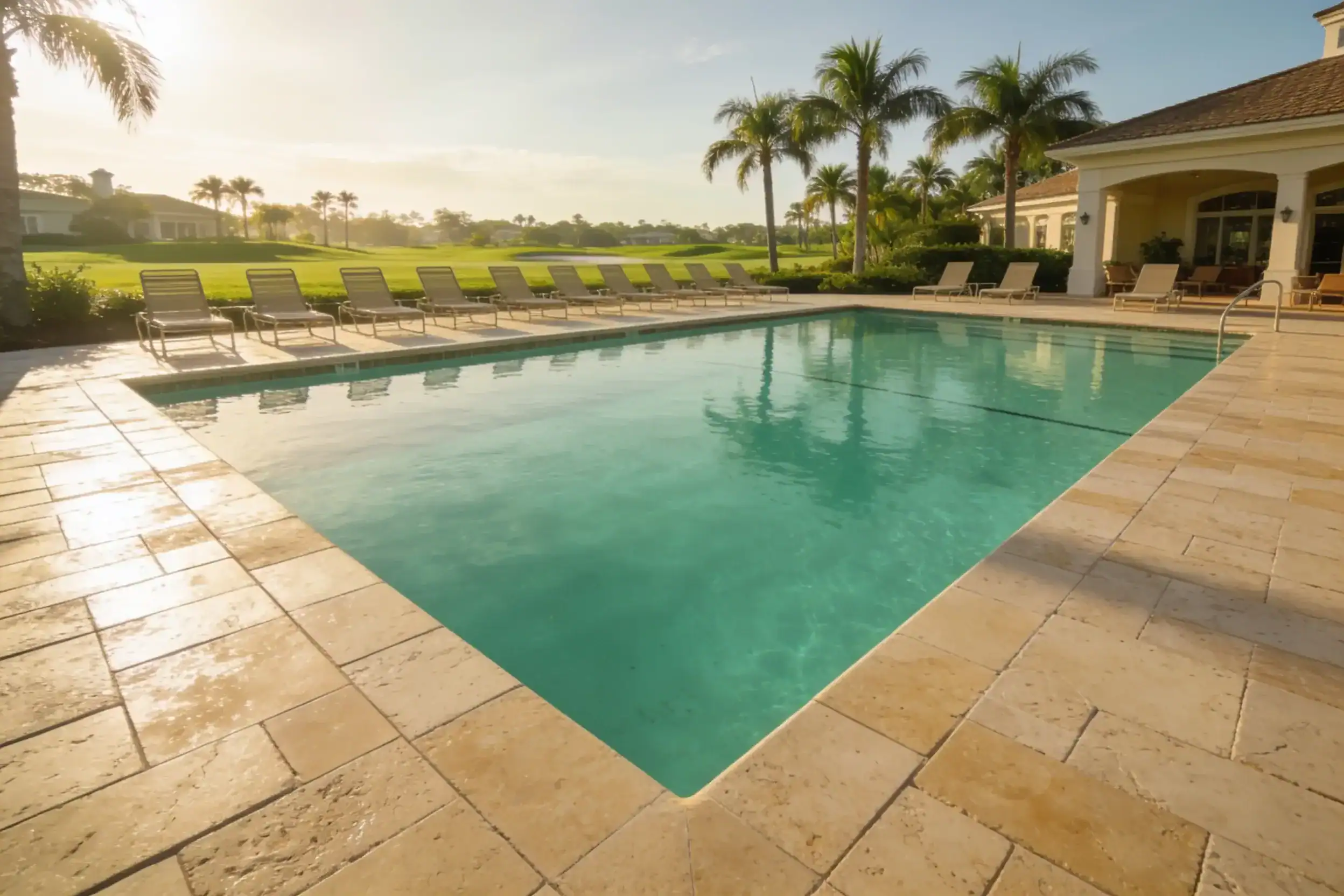 Freshly pressure-washed club pool deck
