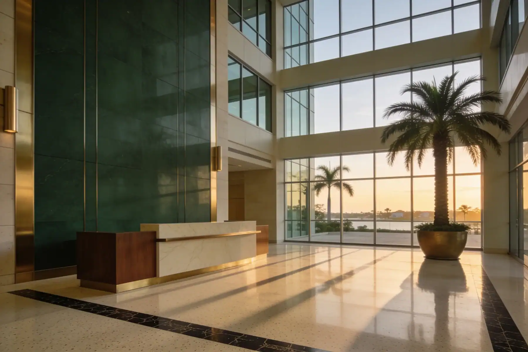 Class-A office lobby at dawn