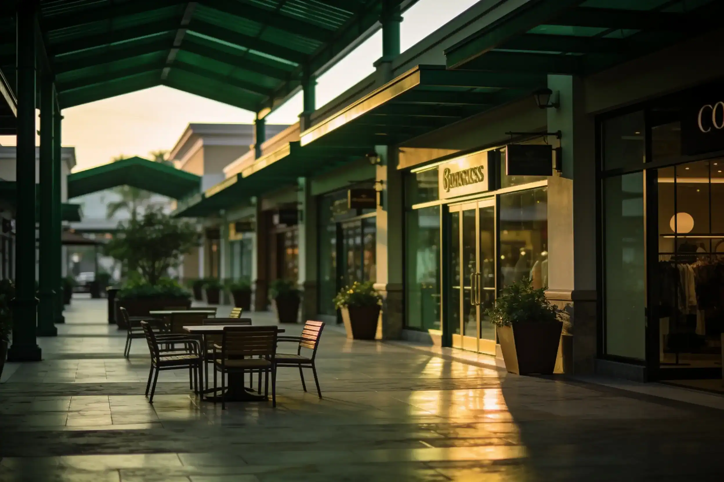 Retail shopping center common area at dawn