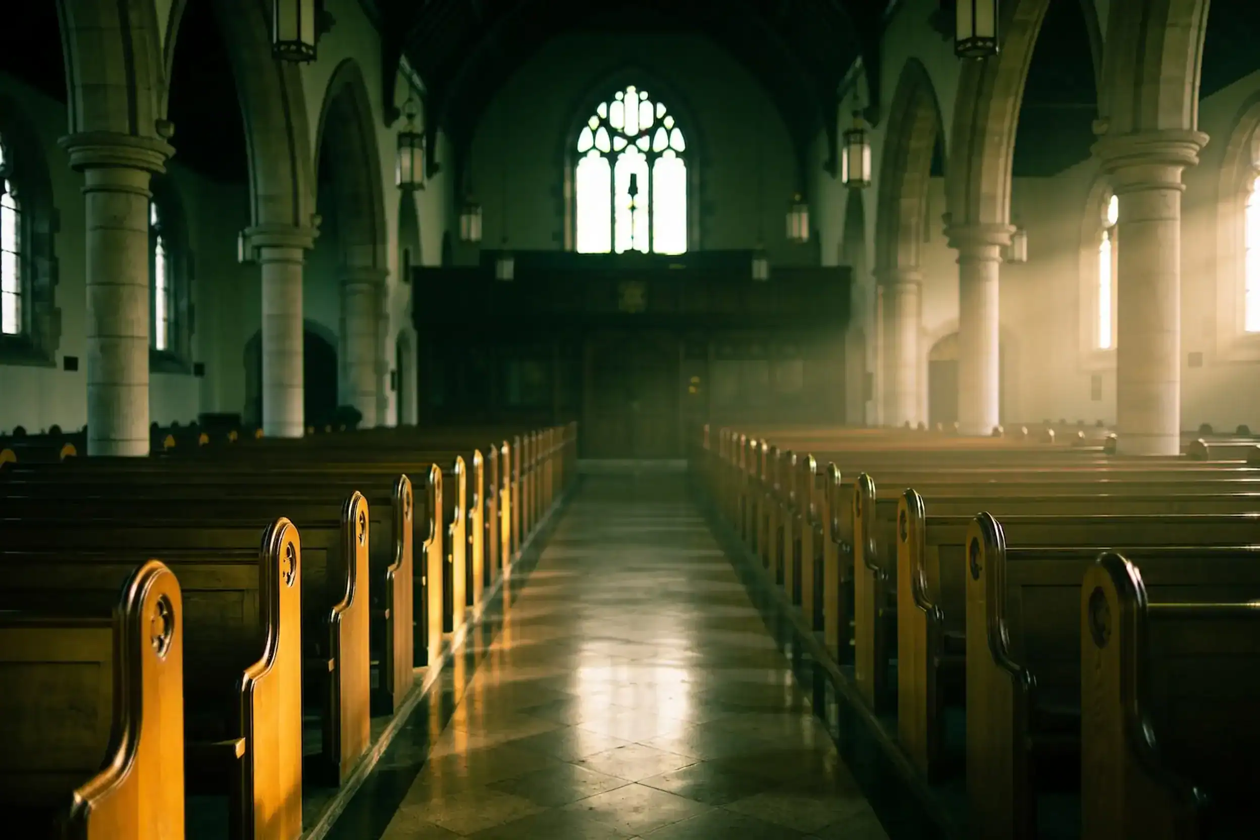 Church sanctuary interior at dawn