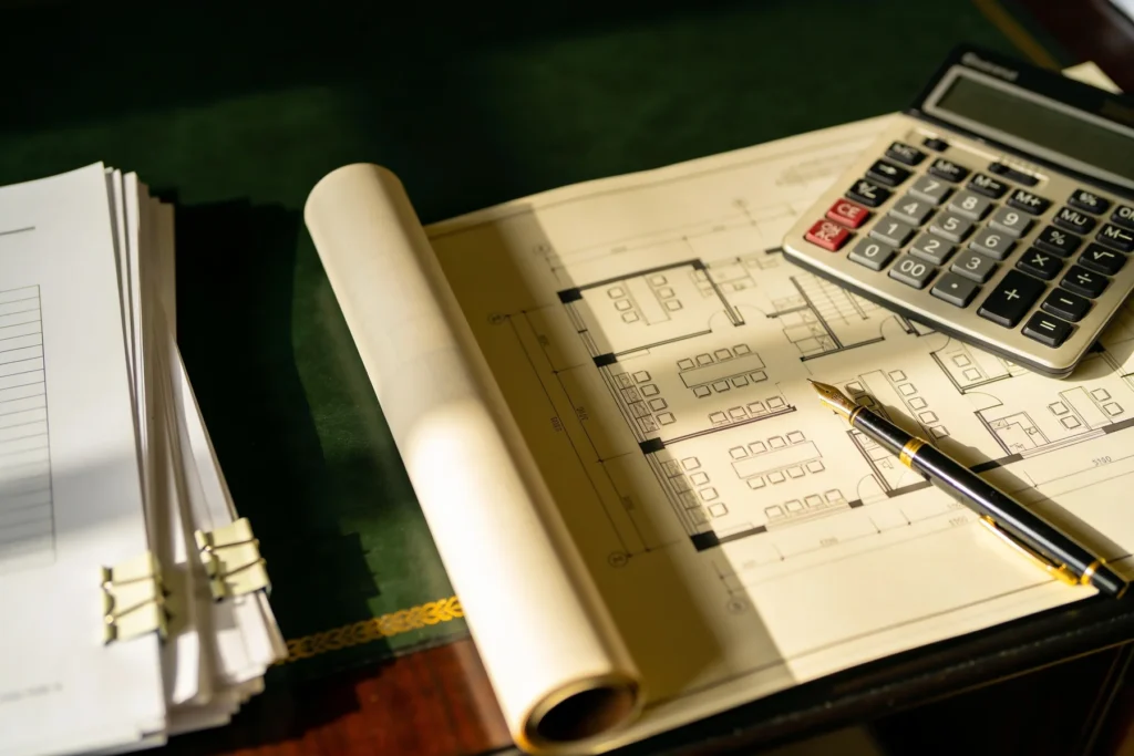 Commercial office building floor plan and calculator on a desk while a cleaning bid is priced