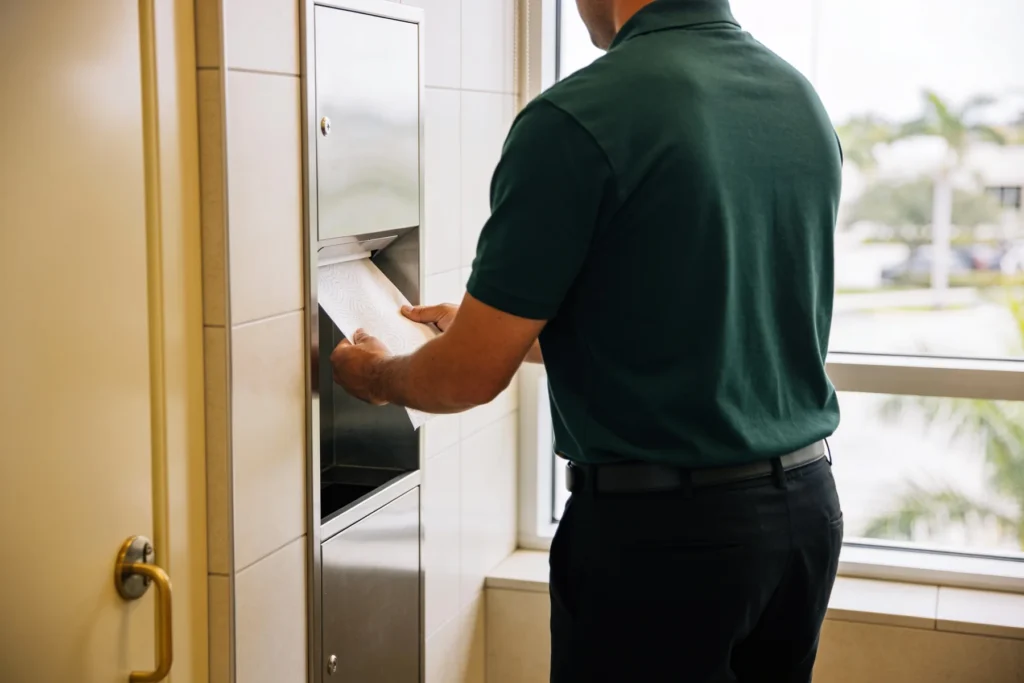 Day porter in a dark green polo restocking paper towels in an office building restroom during business hours