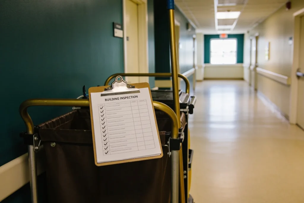Building inspection checklist on a clipboard attached to a janitorial cart in a commercial corridor